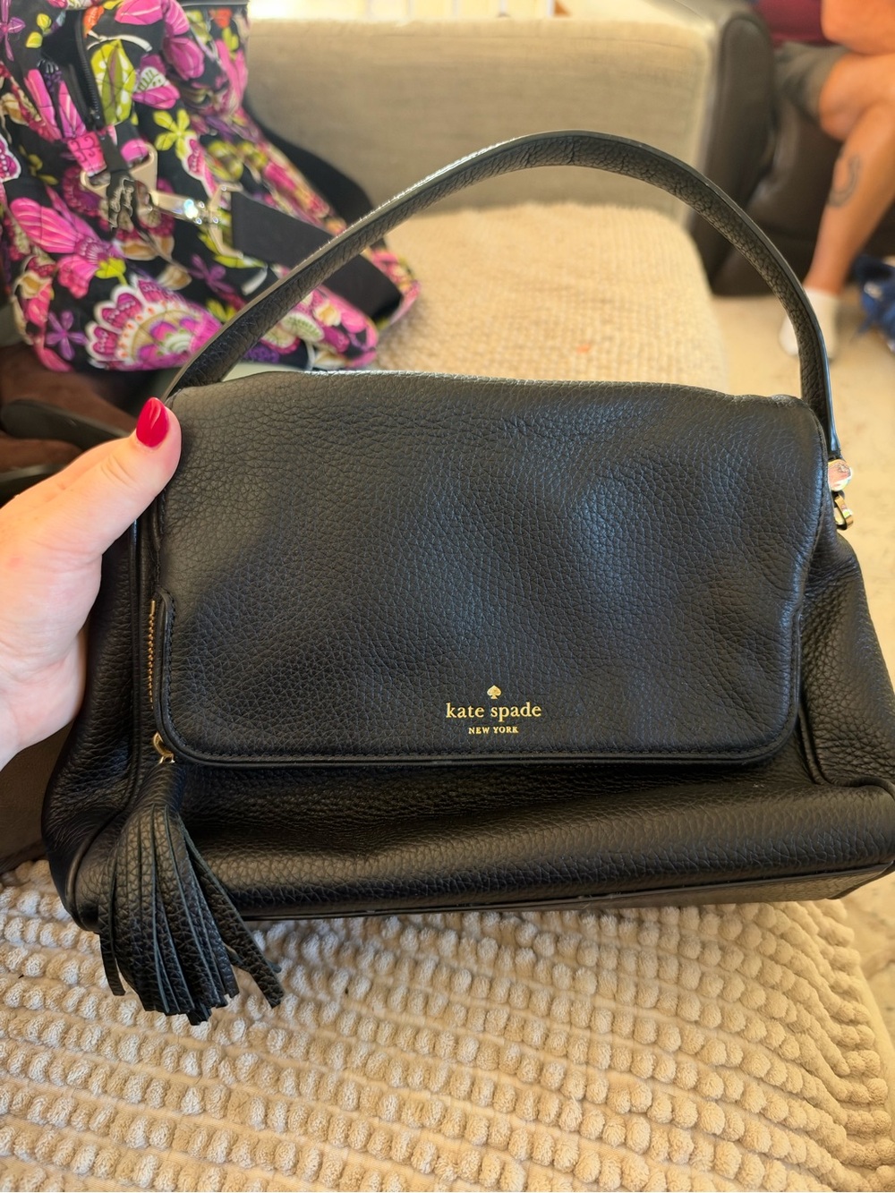 kate spade black pebbled leather shoulder bag with tassel
